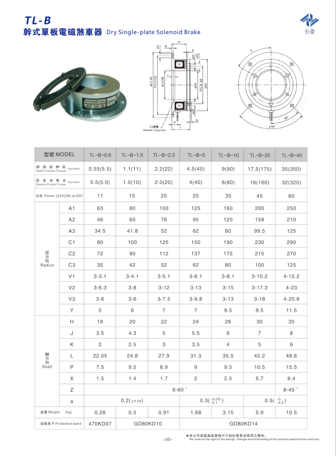 TL-B型干式單板電磁剎車(chē)器型號規格尺寸參數表